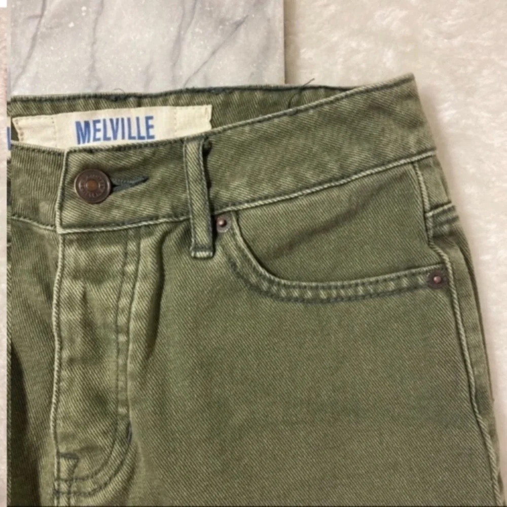 Brandy Melville Denim Cut Off Shorts Size 26 Olive Green Distressed Fringe - Picture 3 of 14